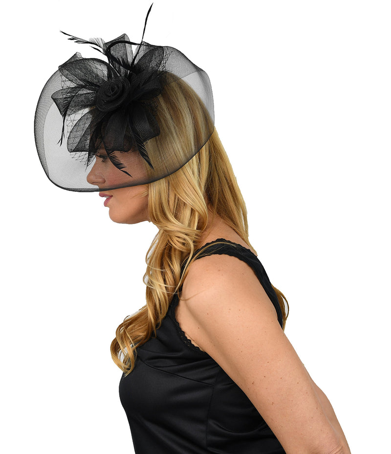 [Australia] - Home-X Women Fascinator Hat. Black Veil with Rosette and Feathers 