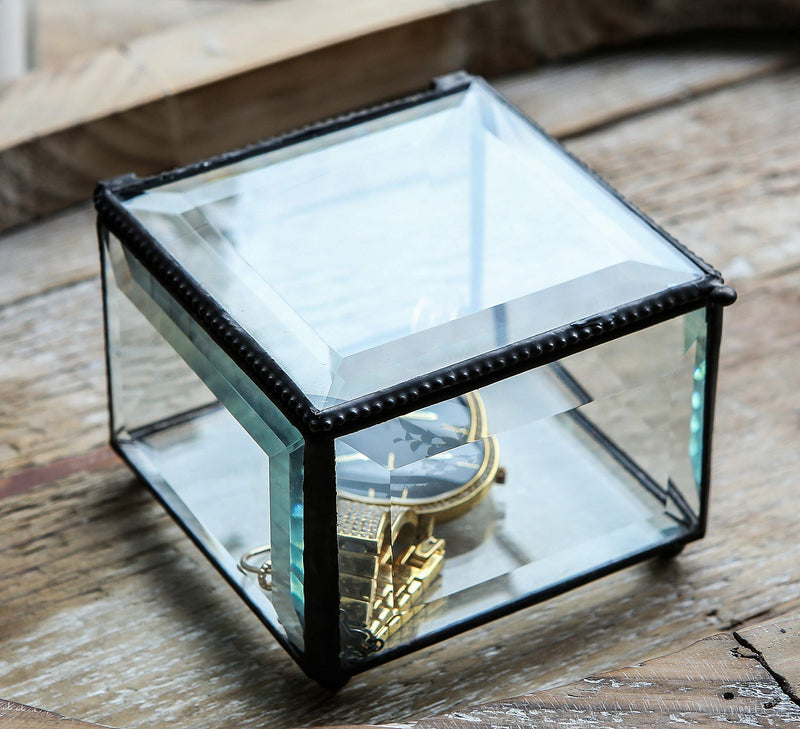 [Australia] - Retro Clear Glass Box Keepsake Jewelry Trinket Boxes Home Decor, Beveled Glass Display Box, 3.75x3.75x3 in 