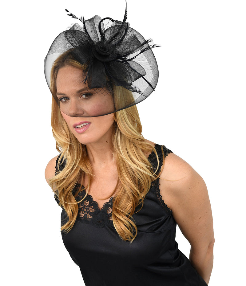 [Australia] - Home-X Women Fascinator Hat. Black Veil with Rosette and Feathers 