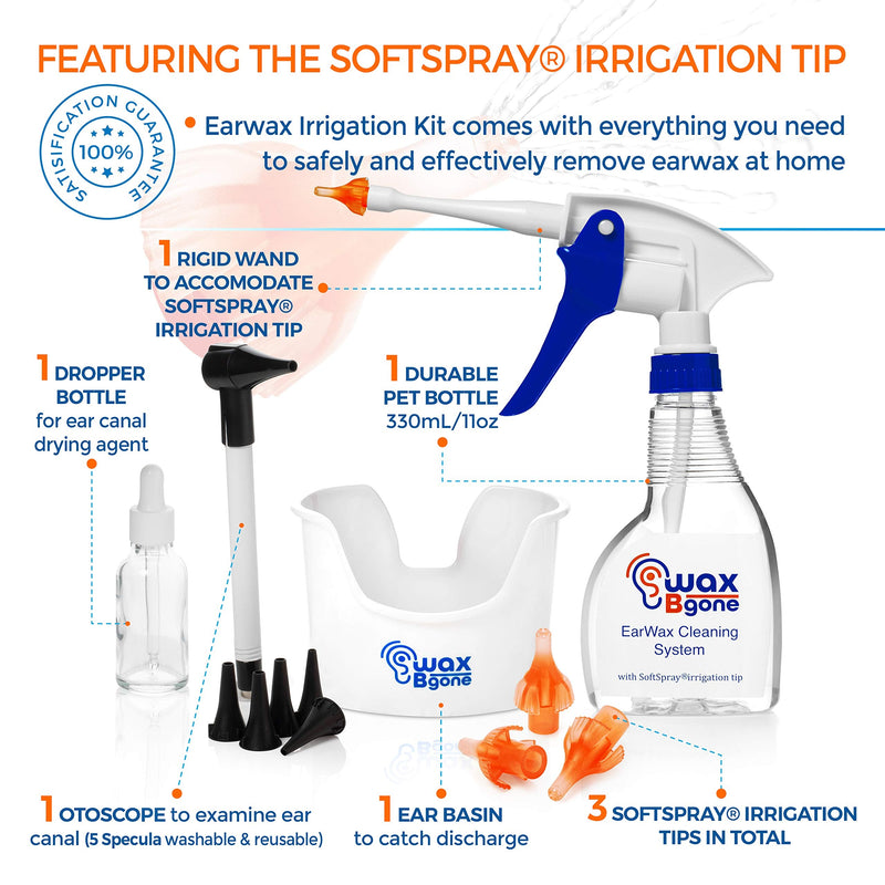 [Australia] - WaxBgone Ear Wax Removal Kit with Earwax Drops and SoftSpray Ear Irrigation Tips for Safe and Effective Earwax Removal - Complete Ear Cleaning Kit for Adults and Kids 7 Piece Set 