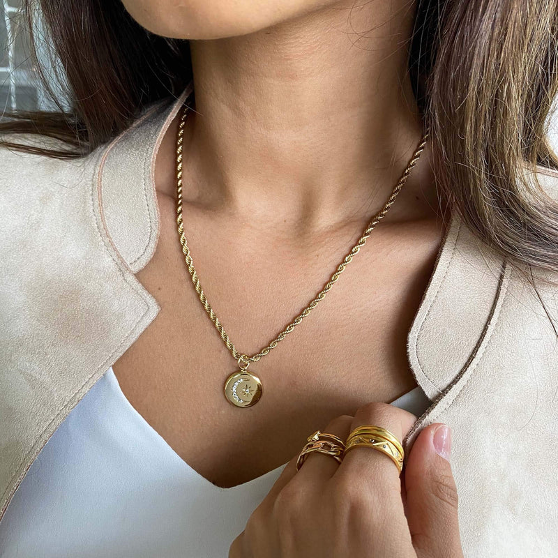 [Australia] - Hidepoo Gold Layered Necklaces for Women, 14K Gold Plated Dainty Coin Pendant Choker Necklace Herringbone Snake Necklace Paperclip Chain Layered Necklaces for Women Jewelry Gifts 2 Layer- Link Chain&Moon Star Coin 