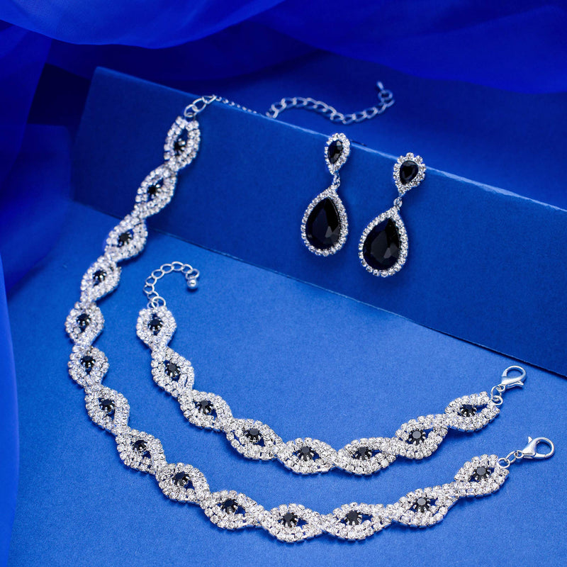 [Australia] - M MIRACULOUS GARDEN 2-4 Pack Rhinestone Crystal Choker Necklace Tiara Crown Link Bracelet Teardrop Dangle Earrings Jewelry Sets for Women Girls Silver:Bracelet+Choker Necklace+Earrings set 