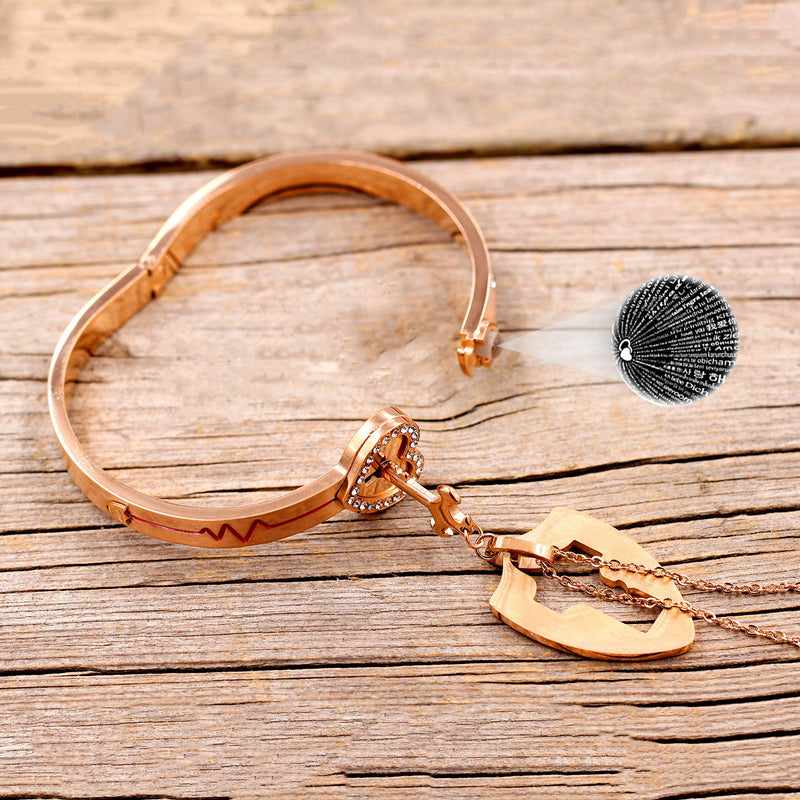 [Australia] - Uloveido Shield Key Pendant Necklace and Lock Bracelet for Girls Boys Couple Necklace Bracelet Set for Men and Women Anniversary Birthday Gift, You Hold the Key to My Heart Y473/Y474 100 Languages Love-Rose Gold 