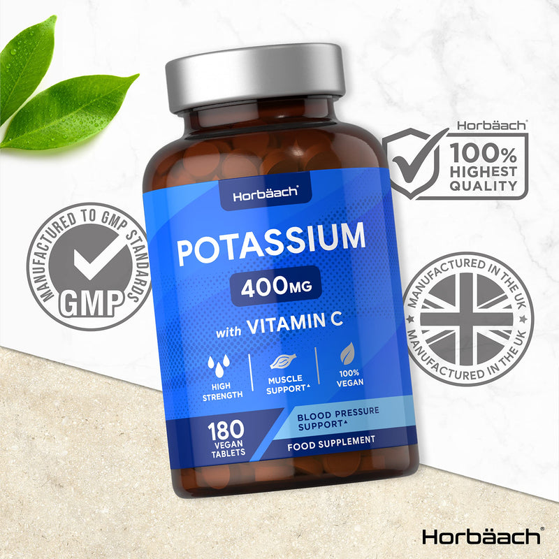 [Australia] - Potassium Supplement 400mg with Vitamin C | 180 Vegan Tablets | Potassium Chloride for Normal Blood Pressure & Muscle Support | No Artificial Preservatives | by Horbaach 