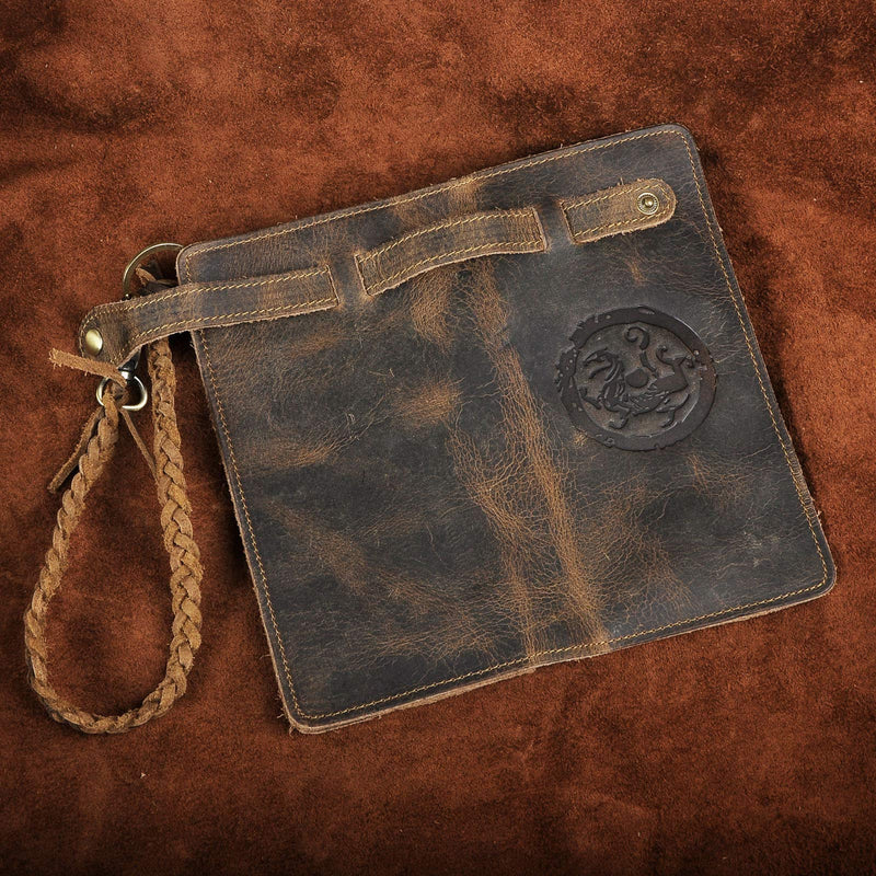[Australia] - Le'aokuu Mens Genuine Leather Bifold Organizer Checkbook Chain Wallet (Brown Dragon) Brown Dragon 