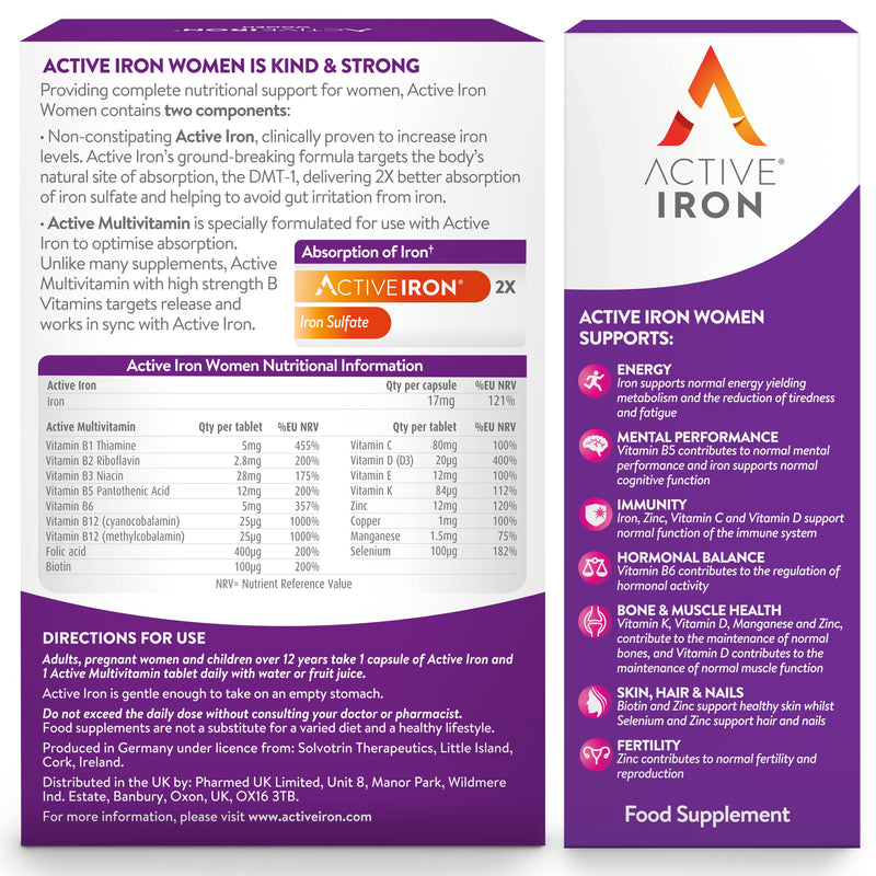 [Australia] - Active Iron Women with Active Multivitamin | 30 Iron Capsules & 30 Active Multivitamins | Iron Supplement | High Strength B Vitamins | Non-Constipating | 1-Month Supply 