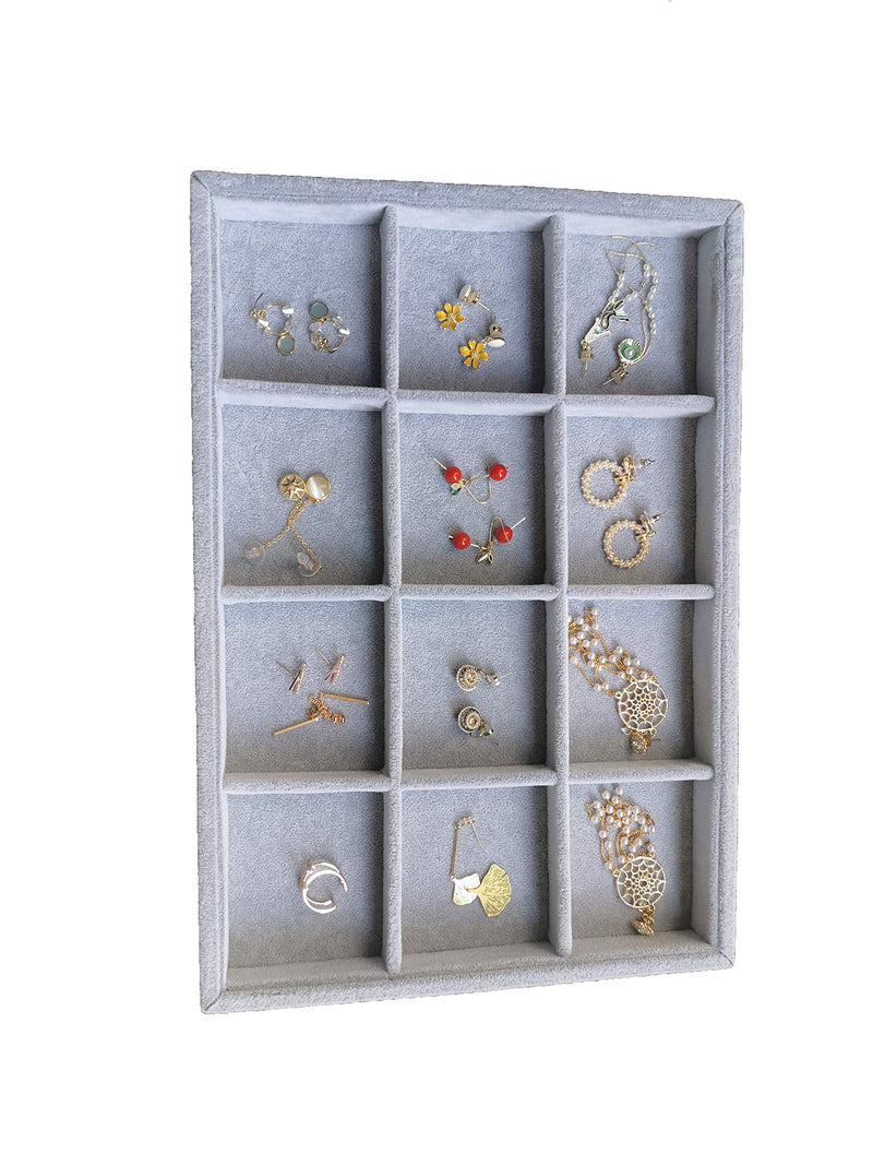 [Australia] - Ice Gray Plush Velvet Stackable Jewelry Display Trays Showcase Jewelry Organizer Storage Trays (12 Grids) 12 Grids 