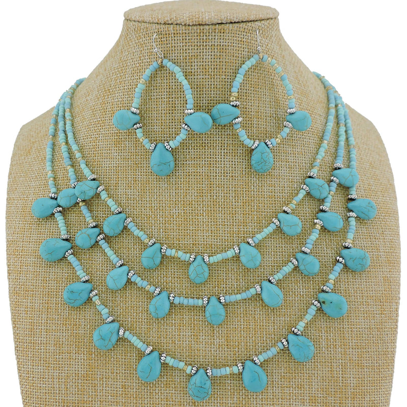 [Australia] - COIRIS Statement Simulated Turquoise Beads 3 Strand Necklace Set for Women with Earrings (N0043) N0043 