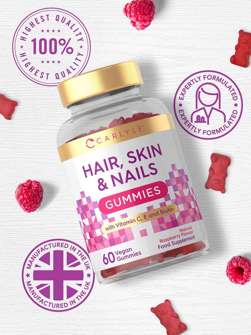 [Australia] - Hair, Skin & Nails Vegan Gummies | 5000mcg Biotin | + Vitamins A, B12, B6, C, D, E, Zinc | 60 Raspberry Gummy Bears | Natural Flavouring | No Artificial Preservatives | by Carlyle 