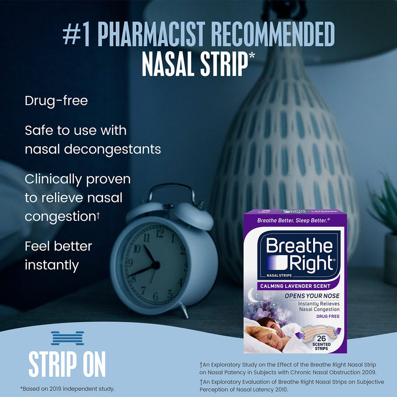 [Australia] - Breathe Right Nasal Strips, Lavender, Nasal Congestion Relief due to Colds & Allergies, Reduces Nasal Snoring caused by Nasal Congestion, Drug-Free, 26 Count (Packaging May Vary) 