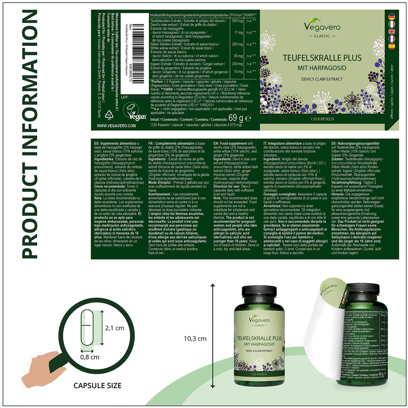 [Australia] - Devil’s Claw Vegavero® | 4400mg (8:1) Extract | 120 Vegan Capsules | Natural Joint Support with White Willow Bark & Ginger | Harpagophytum with 2% Harpagoside | NO Additives 