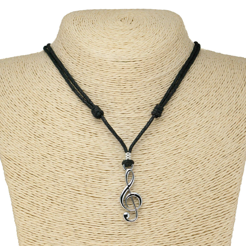 [Australia] - BlueRica Treble G Clef Pendant on Adjustable Black Rope Cord Necklace (Chrome Finish) 