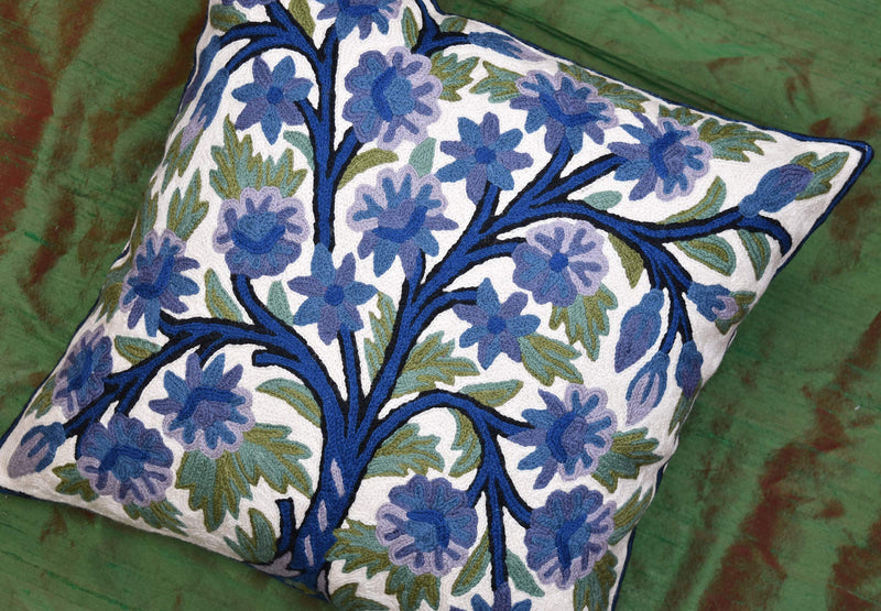 [Australia] - Kashmir Designs Tree of Life Pillow Cover | Blue Floral Pillowcase | Designer Flower Pillow |Suzani Cushions | Flower Pillows | Modern Floral Cushion Cover | Hand embroidered Cushion Wool Size - 18x18 Blue Indigo 