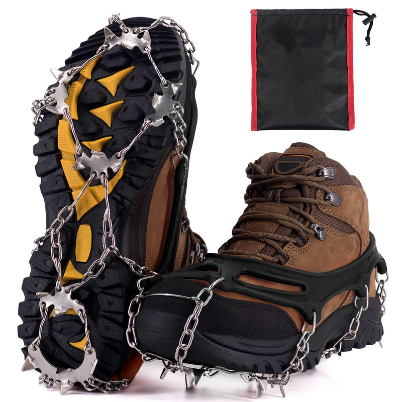 [Australia] - NewDoar Ice Cleats Crampons Traction,19 Spikes Stainless Steel Anti Slip Ice Snow Grips for Women, Kids, Men Shoes Boots, Safe Protect for Mountaineering, Climbing, Hiking, Walking, Fishing,M, L, XL Black Medium 