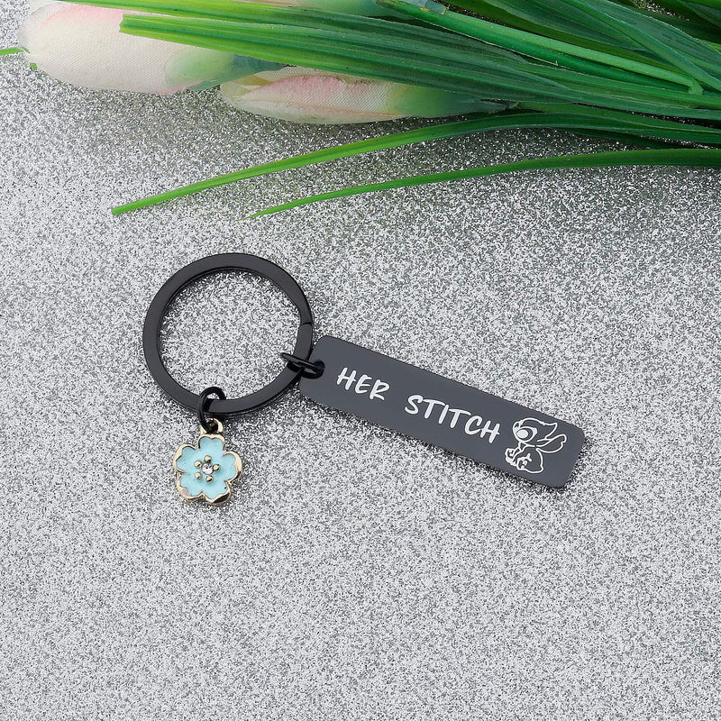 [Australia] - CYTING Her Stitch His Angel Keychain Set With Hibiscus Flower Charm Hawaiian Jewelry Gift For Couples Family Best Friends Her Stitch His Angel-black 