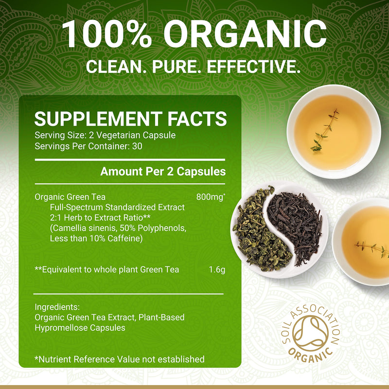 [Australia] - Organic Green Tea Extract Capsules - Certified Organic by Soil Association | 100% Natural Supplement | Natural Low Caffeine Source | Vegan | Ayurveda | 60 Easy Swallow Green Tea Tablets | Made in UK 60 Count (Pack of 1) 