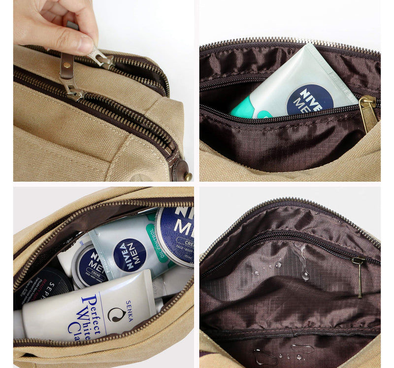 [Australia] - DOPP Kit Toiletry Travel Bag for Men and Women YKK Zipper Canvas & Leather. (Large, Khaki) Large 