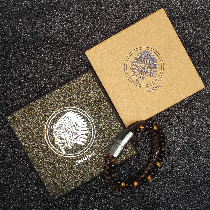 [Australia] - Mens Leather Bracelet – Classic Handmade Braided Black & Brown Cuff Bracelet with Engraved Magnetic Clasp FREE Jewelry GIFT Boxed Brown - Silver 17.5 Centimetres 