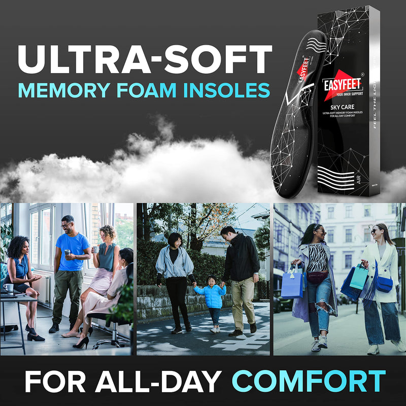 [Australia] - {First} Real Memory Foam Insole with Arch Support Men Women - Excellent Shock Absorption Pain Relief Plantar Fasciitis - Premium Shoe Inserts Work Boot Running Shoes Hiking Shoes Sneaker Black Men 9-10.5/Women 10-11.5 