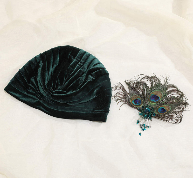 [Australia] - BABEYOND Ruffle Turban Hat for Women Feather Turban Hat with Detachable Crystal Brooch Headwraps Knit Pleated Turban Hat Vintage Darkgreen 