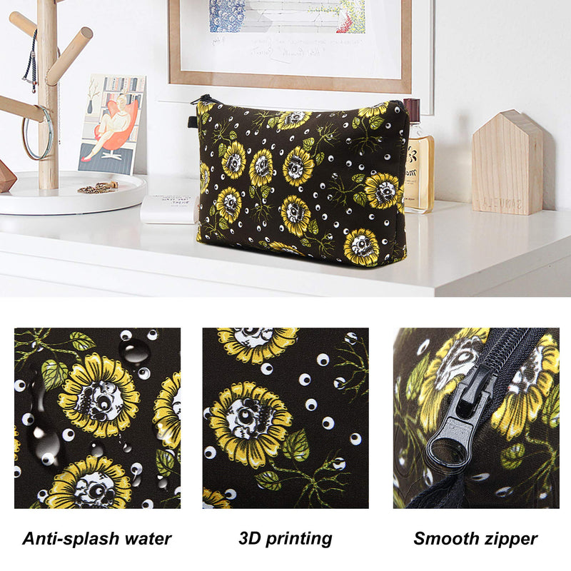 [Australia] - Women Cosmetic Bag Travel Makeup Pouch Waterproof Makeup Bag for Purse Portable Toiletry Bag Accessories Organizer Skull Sunflower 