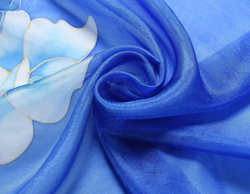 [Australia] - Invisible World Women's 100% Mulberry Silk Scarf Hand Painted Rose Peony Flower Long for Neck or Hair - Celestial Blue 