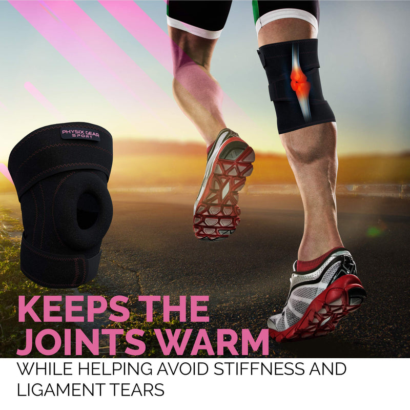 [Australia] - Physix Knee Brace with Side Stabilizers & Adjustable Straps - Knee Brace for Meniscus Tear, Knee Wraps for Pain, ACL, MCL, OA, Running, Workouts - Open Patella Knee Braces for Men & Women (Single) XL - Upper 22"-24" | Lower 20"-22" Black/Pink (Single) 