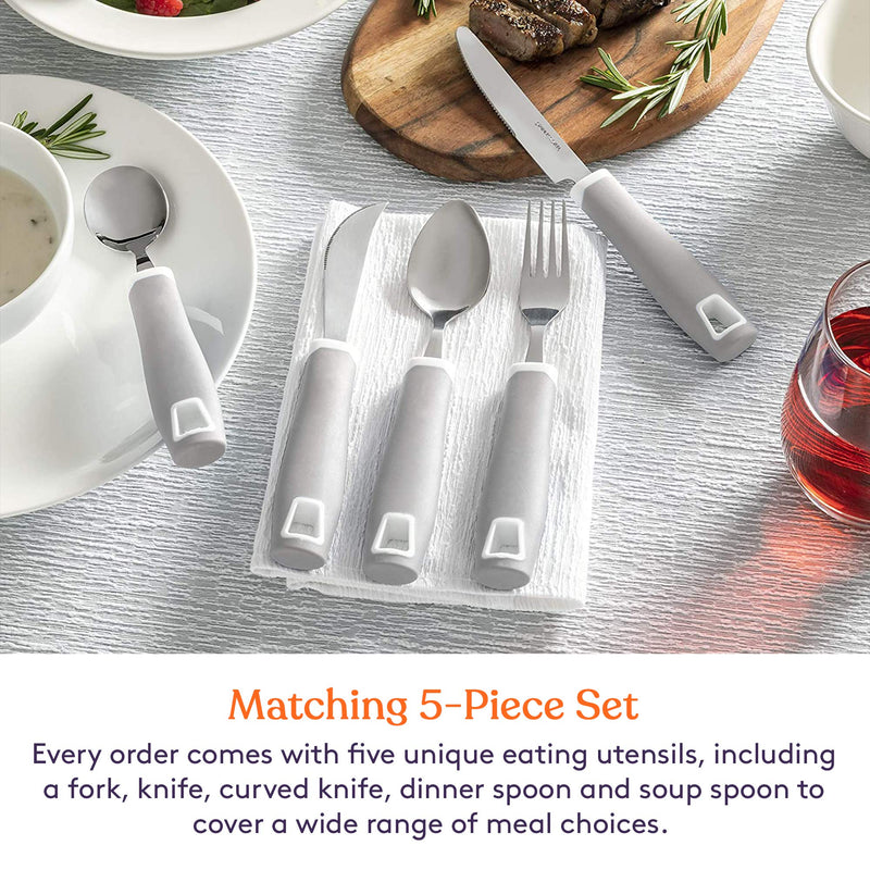 [Australia] - Special Supplies Adaptive Utensils 5-Piece Set Non-Weighted, Non-Slip Handles for Hand Tremors, Arthritis, Parkinson’s or Elderly Use - Stainless Steel Knife, Rocker Knife, Fork, Spoons - Gray 