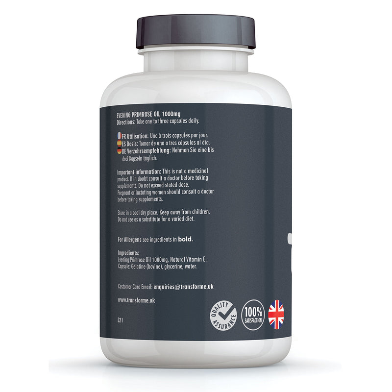 [Australia] - Evening Primrose Oil 1000mg, 180 Softgels, High Strength, Cold Pressed for Max Potency and Benefit, High in Omega 6 and Gamma Linolenic Acid GLA, Made in The UK, by Transforme 