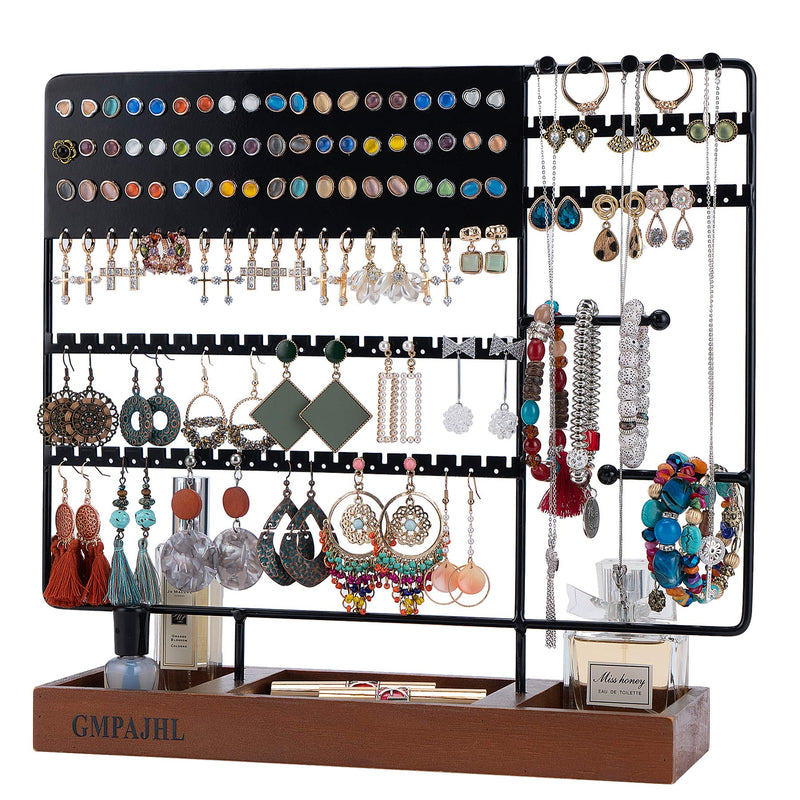 [Australia] - Earring Organizer, Jewelry Holder 3Tier Earring Holder Stand Ear Stud Display Rack Jewelry Stand with Rustic Wooden Base Tray for Earring & Bracelet Necklace Ring Stand Jewelry Tree Girl (130 Holes) Black 