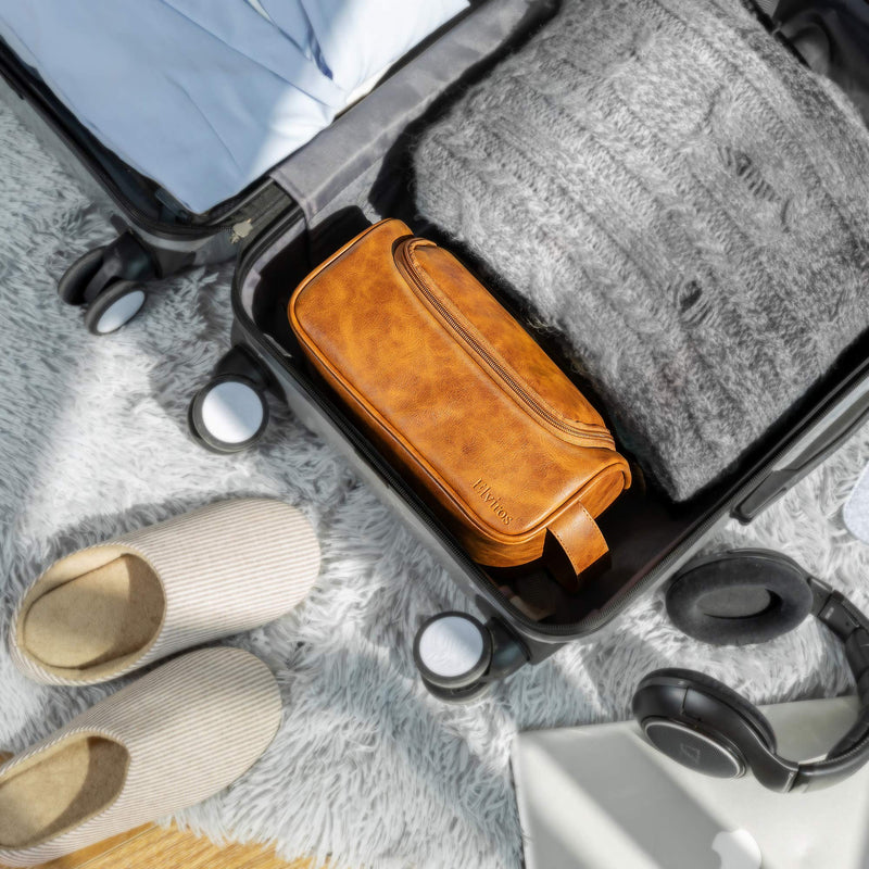 [Australia] - Elviros Water-Resistant PU Leather Toiletry Bag for Men Travel Wash Bag Shaving Dopp Kit Bathroom Gym Toiletries Makeup Organizer with Free Wet Dry Bag (Brown-Medium) Brown-medium Medium 