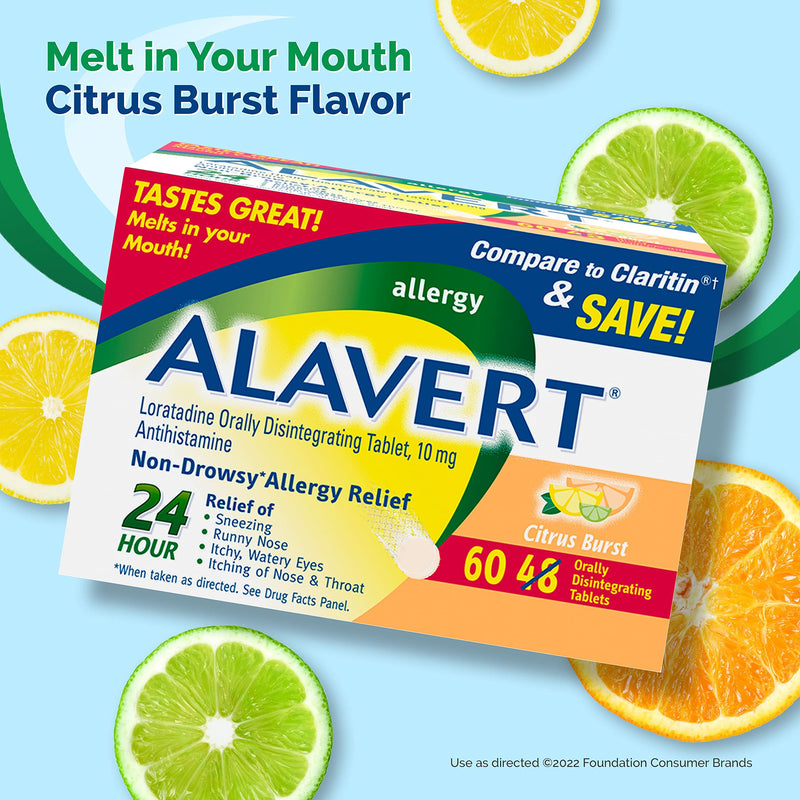 [Australia] - Alavert Allergy 24 Hour Relief, Citrus Burst Flavor, Orally Disintegrating Allergy Tablets, Non-drowsy Antihistamine, Loratadine 10mg, 60 Count 