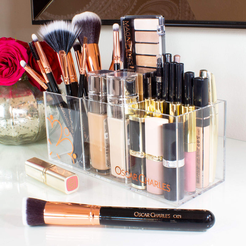 [Australia] - Oscar Charles Professional Makeup Brush Set with Beauty Sponge, Brush Holder and Product Guide - Rose Gold 