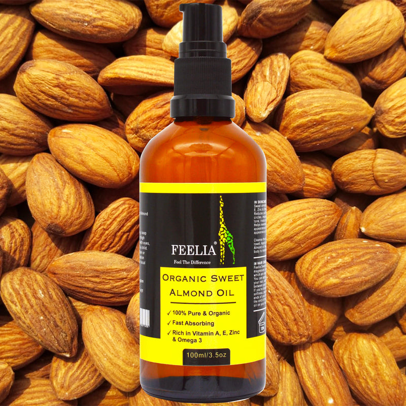 [Australia] - Feelia - Organic Sweet Almond Oil - Cold Pressed, Rich in Vitamins A, E, Zinc & Omega 3, Fast Absorbing, 100% Pure & Organic (100ml) 100 ml (Pack of 1) 