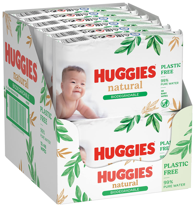 [Australia] - Huggies Natural Care, Baby Wipes - 12 Packs (576 Wipes Total) - Biodegradable Wet Wipes in Recyclable Packaging - 99 Percent Pure Water and Fragrance Free Natural Bio line 48 Count (Pack of 12) 