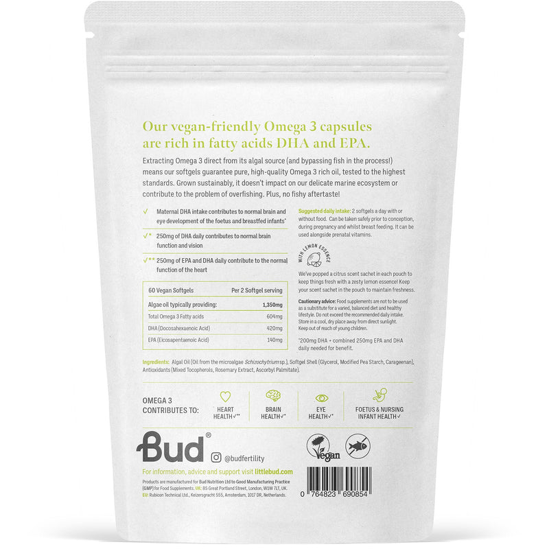 [Australia] - Bud Vegan Omega 3 Supplement | High-Strength DHA + EPA | Premium Sustainable Plant-Based Algae Oil | Supports Heart, Brain & Eye Health | 60 Omega 3 Vegan Softgels (1 Month Supply) 