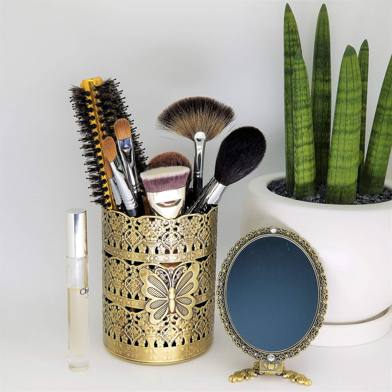 [Australia] - GoldenTBox Vintage Antique Decorative Metal Makeup Brush Holder and Handheld Portable Cosmetic Mirror Gift Set of 2 for Birthday, Wedding Anniversary, Christmas, Mother’s Day (Matte Gold) Matte Gold 