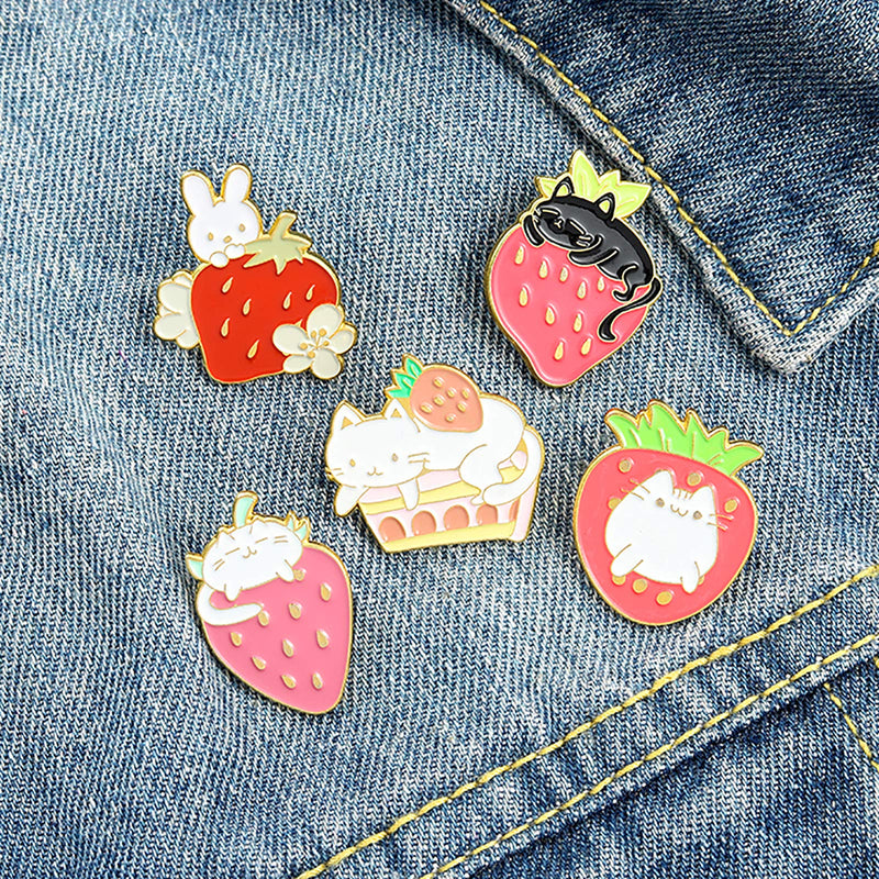 [Australia] - Sweet Strawberry Enamel Pins Set Cartoon Fruit Rabbit Cat Lapel Pins for Women Girl Cute Brooches Pin Badges for Clothing Backpacks 