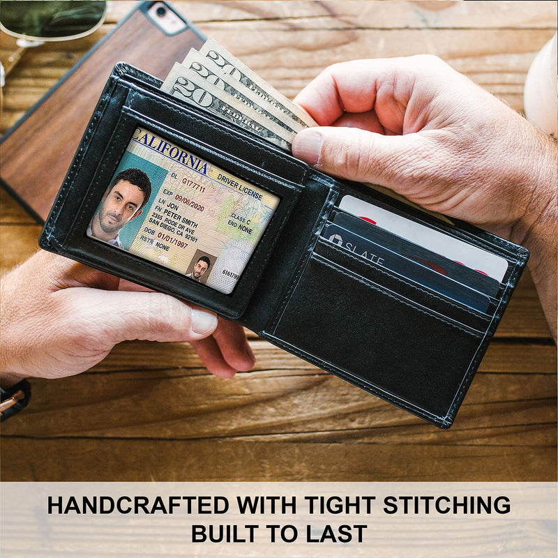 [Australia] - Top Grain Leather Wallet for Men | Ultra Strong Stitching | Handcrafted Argentinian Leather | RFID Blocking | Extra Capacity Bifold Wallet with 2 ID Windows | Slim Billfold with 12 Card Slots | Perfect Gift for Him Black 
