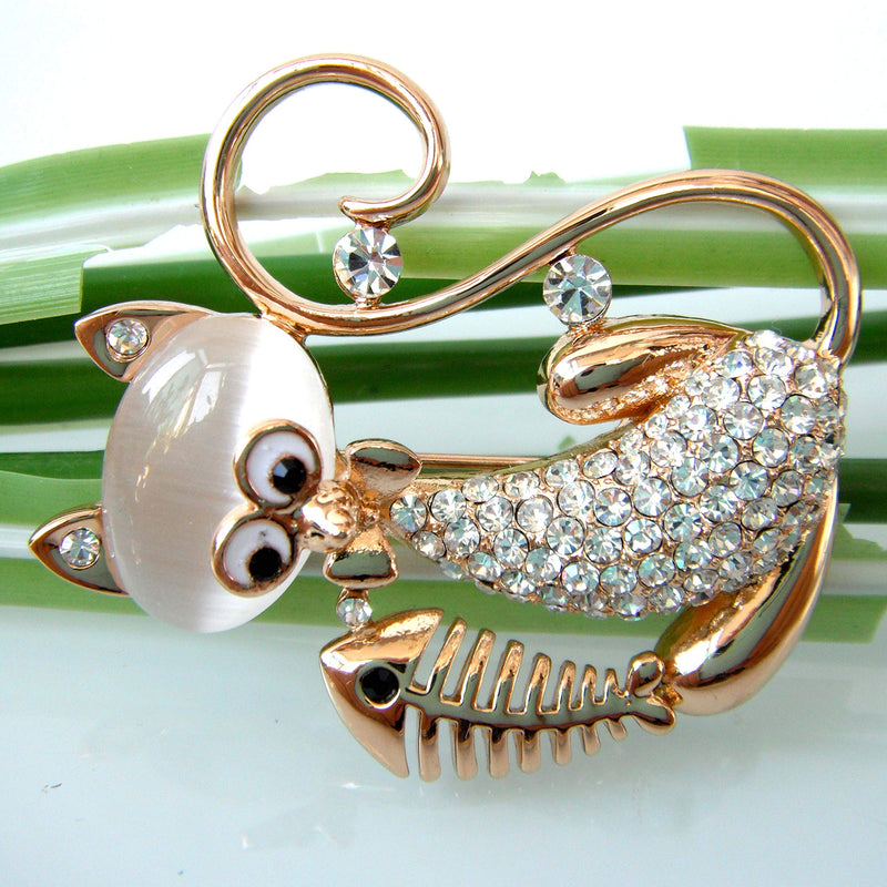 [Australia] - Navachi 18k Gold Plated Cat Eat Fish Bone Opal Brooch Pin White 