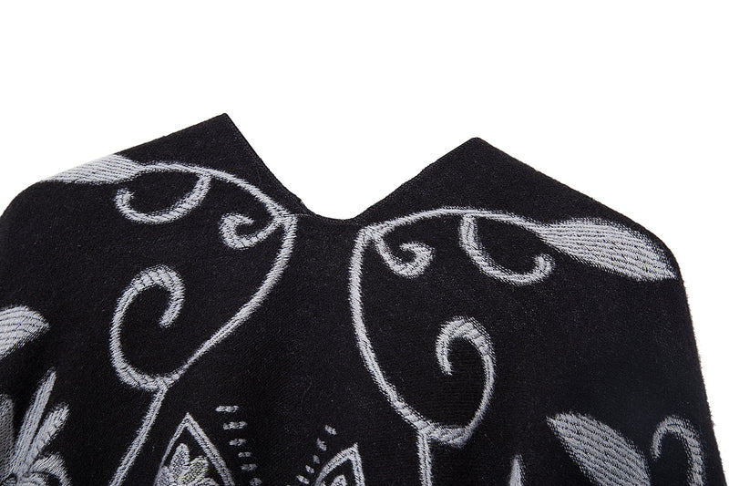 [Australia] - Urban CoCo Women's Printed Tassel Open front Poncho Cape Cardigan Wrap Shawl Black 