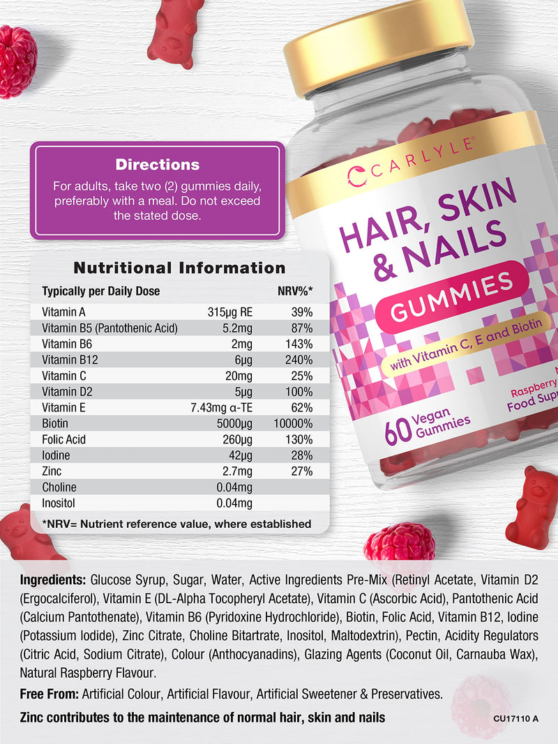 [Australia] - Hair, Skin & Nails Vegan Gummies | 5000mcg Biotin | + Vitamins A, B12, B6, C, D, E, Zinc | 60 Raspberry Gummy Bears | Natural Flavouring | No Artificial Preservatives | by Carlyle 