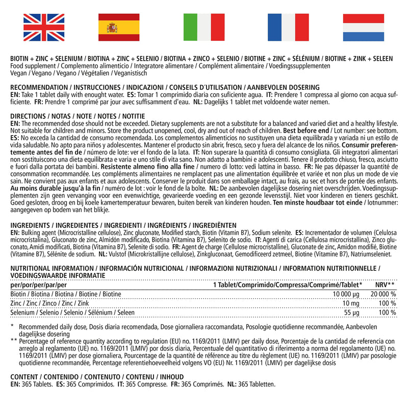 [Australia] - Biotin Hair Growth 10.000 mcg Complex - with Selenium and Zinc - 1 Year Supply for Hair, Skin and Nails - 365 Vegan Tablets - German Quality - Vitamaze� 