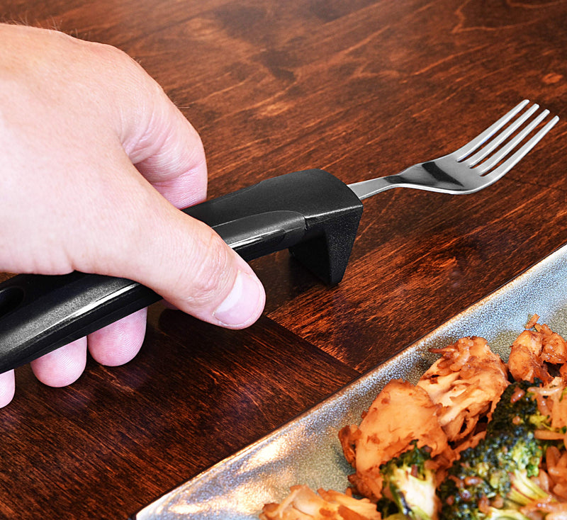 [Australia] - Adaptive Eating Utensils by Celley for Parkinson's, Arthritis, MS, Elderly, Hand Tremors, Handicapped | 4pc Easy Grip Silverware Stainless Steel Knife, Fork, 2 Spoons – (Black) Black 