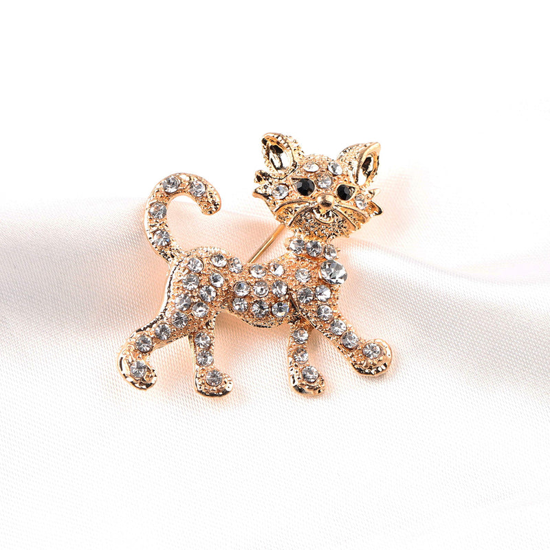 [Australia] - FEELMEM Crystal Rhinestone Cat Brooch Pin Rose Gold Shining Brooches for Women Girls Wedding/Banquet/Birthday Party 