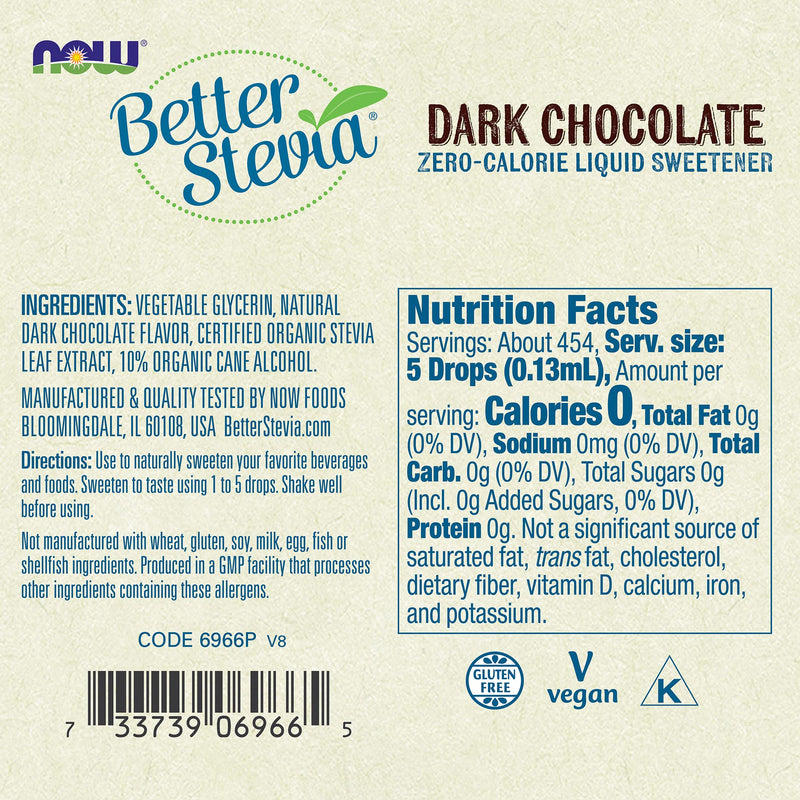 [Australia] - NOW Foods, Better Stevia Liquid, Dark Chocolate, Zero-Calorie Liquid Sweetener, Low Glycemic Impact, Certified Non-GMO, 2-Ounce 