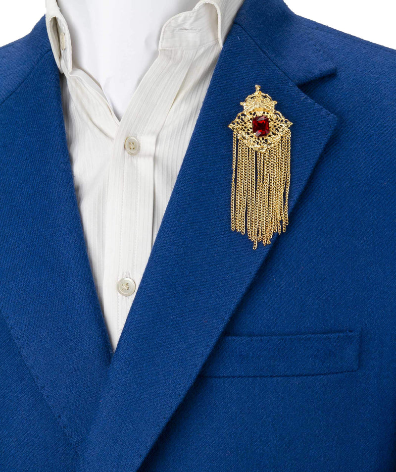 [Australia] - Knighthood Crowned Deep Red Stone with Abstract Work and Hanging Chain Brooch 
