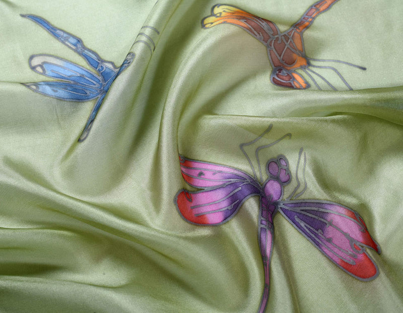 [Australia] - Invisible World Women's 100% Mulberry Silk Scarf Hand Painted Dragonfly Long for Neck Hair or Head - Grey Green 