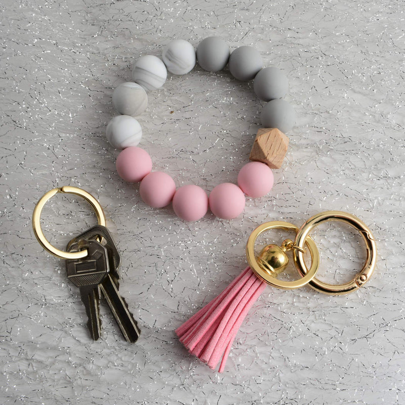 [Australia] - Coolcos Giftable Portable House Car Keys Ring Holder, Elastic Beaded Silicone Bracelet Bangle Wristlet Keychains W/ Tassel Baby Pink 