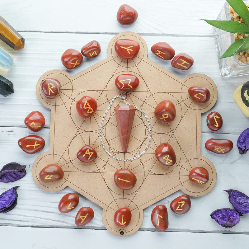 [Australia] - Crocon Red jasper tumbled Gemstone Engraved Rune Stones Set (25 Pcs) with Elder Futhark Alphabets & 1 Pendulum Meditation healing set Size: 15-20 mm 